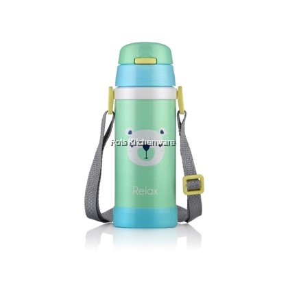 360ml Relax Stainless Steel 18.8 Kids Thermal Flask Water Bottle with Straw with Strap 儿童保温壶水壶 Air Botol Kanak Kanak Tahan Panas - D2636