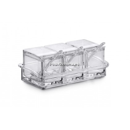 Acrylic Transparent Clear PS 3 Compartment Condiment Sauce Pepper Chili Storage Container with Spoon Bekas Rempah 透明调味料容器 - B8001 Acrylic Transparent Clear PS 3 Compartment Condiment Sauce Pepper Chili Storage Container with Spoon Bekas Rempah 透明调味料容器 - B8001