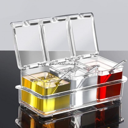 Acrylic Transparent Clear PS 3 Compartment Condiment Sauce Pepper Chili Storage Container with Spoon Bekas Rempah 透明调味料容器 - B8001 Acrylic Transparent Clear PS 3 Compartment Condiment Sauce Pepper Chili Storage Container with Spoon Bekas Rempah 透明调味料容器 - B8001