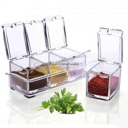 Acrylic Transparent Clear PS 3 Compartment Condiment Sauce Pepper Chili Storage Container with Spoon Bekas Rempah 透明调味料容器 - B8001 Acrylic Transparent Clear PS 3 Compartment Condiment Sauce Pepper Chili Storage Container with Spoon Bekas Rempah 透明调味料容器 - B8001