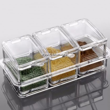 Acrylic Transparent Clear PS 3 Compartment Condiment Sauce Pepper Chili Storage Container with Spoon Bekas Rempah 透明调味料容器 - B8001 Acrylic Transparent Clear PS 3 Compartment Condiment Sauce Pepper Chili Storage Container with Spoon Bekas Rempah 透明调味料容器 - B8001