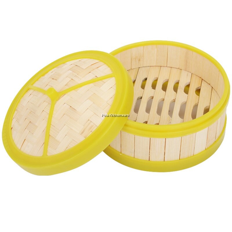 Dim Sum Container Poly Bamboo Dim Sum Steaming Basket Cage Cover with Yellow Plastic Edge ...