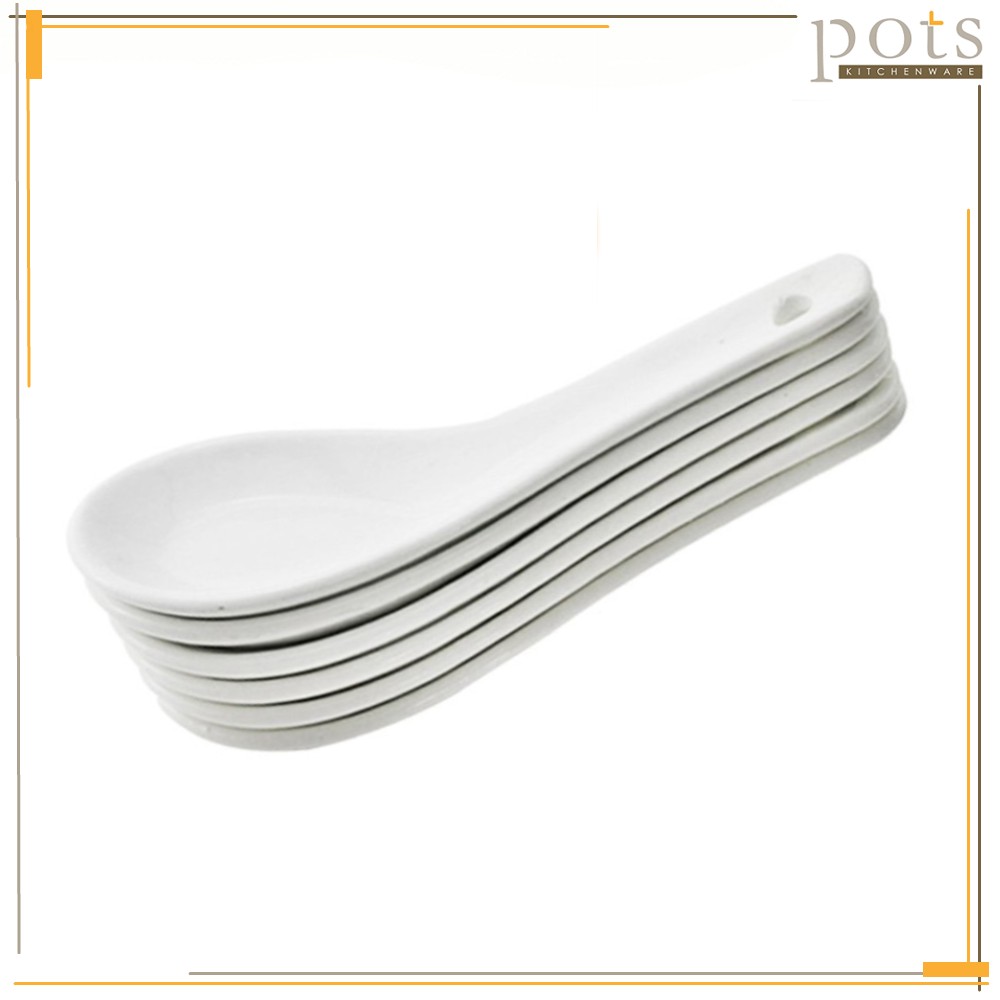 6pcs White Porcelain Ceramic Flat Bottom Extra Long Handle Chinese