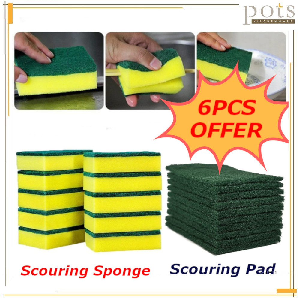 6PCS Heavy Duty Green Scouring Pad Sponge Scrubber Cleaning Scrub