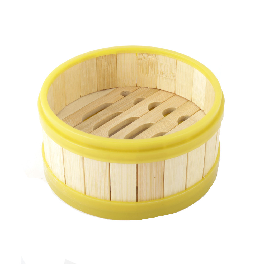 Bamboo Dim Sum Steaming Basket Cage Cover with Yellow Plastic Edge
